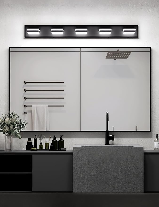 VOLISUN 5CCT Bathroom Light Fixtures Over Mirror, Dimmable, 360°Rotatable Head, 40 inch, 5 Light Bathroom Vanity Light Fixtures, Black LED Vanity Lights for Bathrooms-ETL Certificated