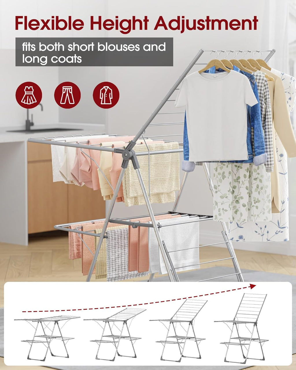 Clothes Drying Rack - Foldable Laundry Drying Rack for Clothing & Bedding, Easy-to-Assemble, Space-Saving Metal Airer with Non-Slip Feet, Indoor & Outdoor Use, 55.5"×22.8"×36.6", Gray