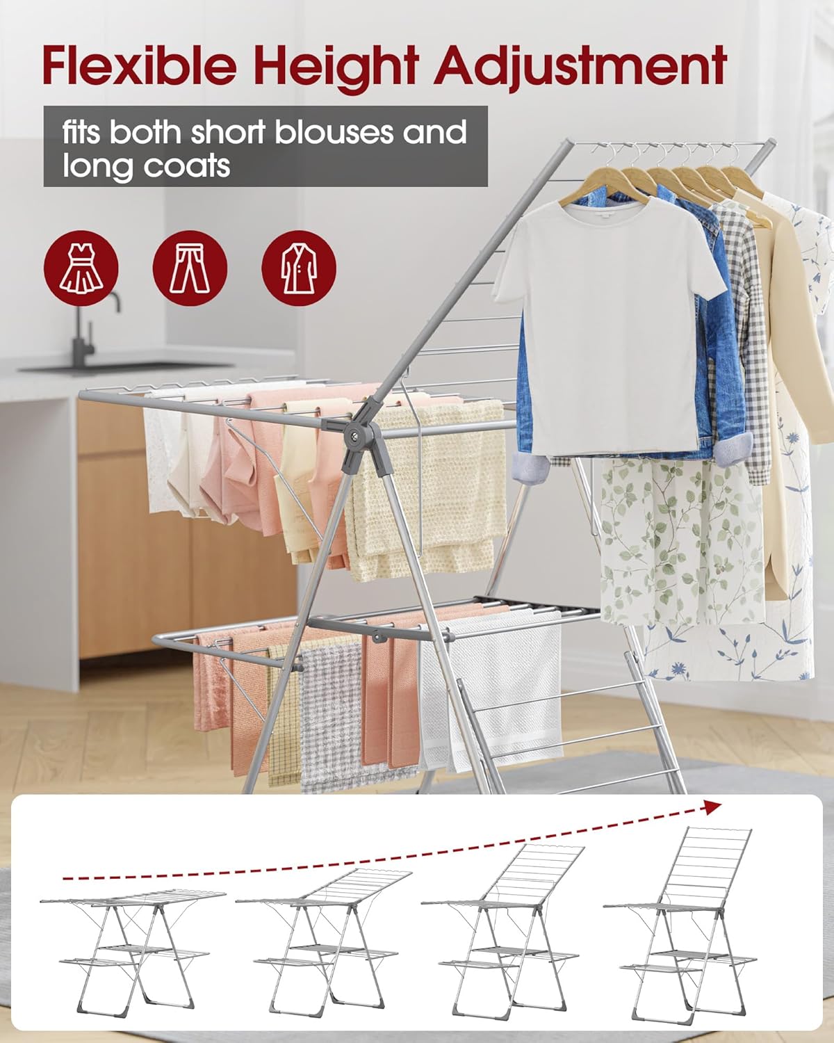 Clothes Drying Rack - Foldable Laundry Drying Rack for Clothing & Bedding, Easy-to-Assemble, Space-Saving Metal Airer with Non-Slip Feet, Indoor & Outdoor Use, 55.5"×22.8"×36.6", Gray