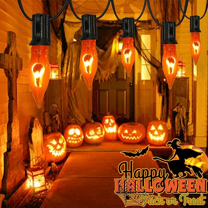 Halloween Flicker Flame Light Bulbs, 12 Pack C7 Orange Flickering Light Bulb, 1W E12 Flame Candelabra Bulbs for Candle Chandelier Outdoor String Lights Party Halloween Christmas Decoration