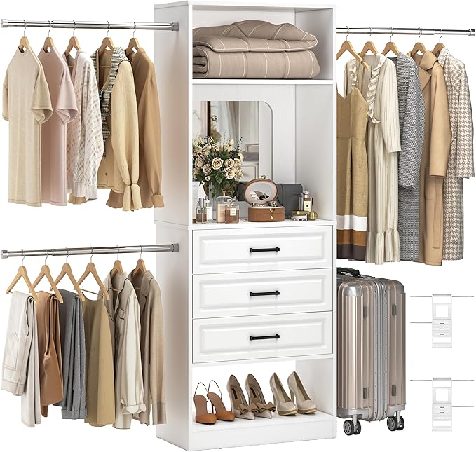 Unikito 48" W - 96” W Closet System with Mirror, 8FT Walk in Closet Organizer Kits with Drawers and 3 Extendable Hanging Rod, Sturdy Wood Clothing Garment Rack with 25” Tower, Max Load 1000 LBS, White