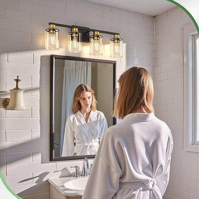 DORESshop Bathroom Light Fixtures, 4-Light Black and Gold Bathroom Lighting Fixtures Over Mirror with Glass Shade, Modern Vanity Lights for Hallway Bedroom, Includes Bulbs