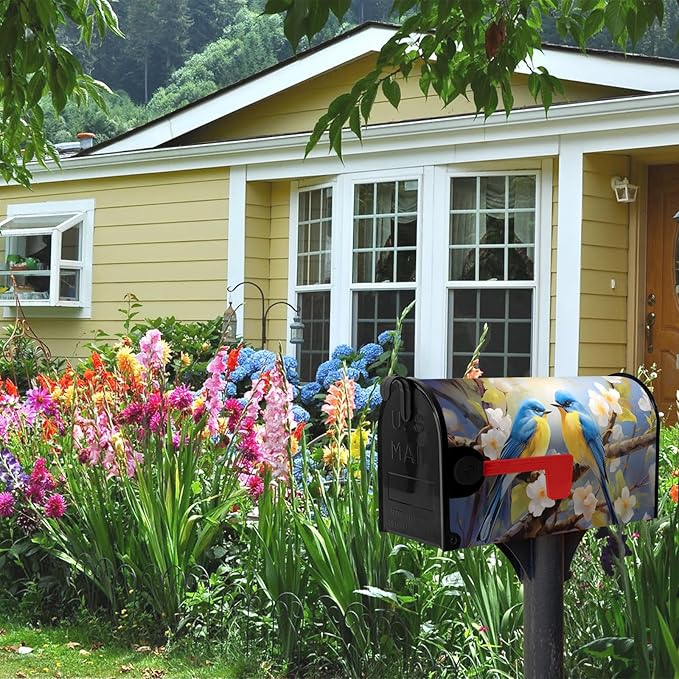 Summer Bird Floral Mailbox Covers Magnetic Spring Bluebirds Flower Mailbox Cover Standard Size 21x18 Inch Mailbox Wraps Outdoor Decoration Post Letter Box Cover for Garden Yard