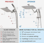 G-Promise All Metal 12 Inch Shower Head with Massage Mode Handheld, Rain Shower Head with Handheld Spray Combo, 3-Way Diverter with Pause Setting, 11 Inch Adjustable Extension Arm (Brushed Nickel)