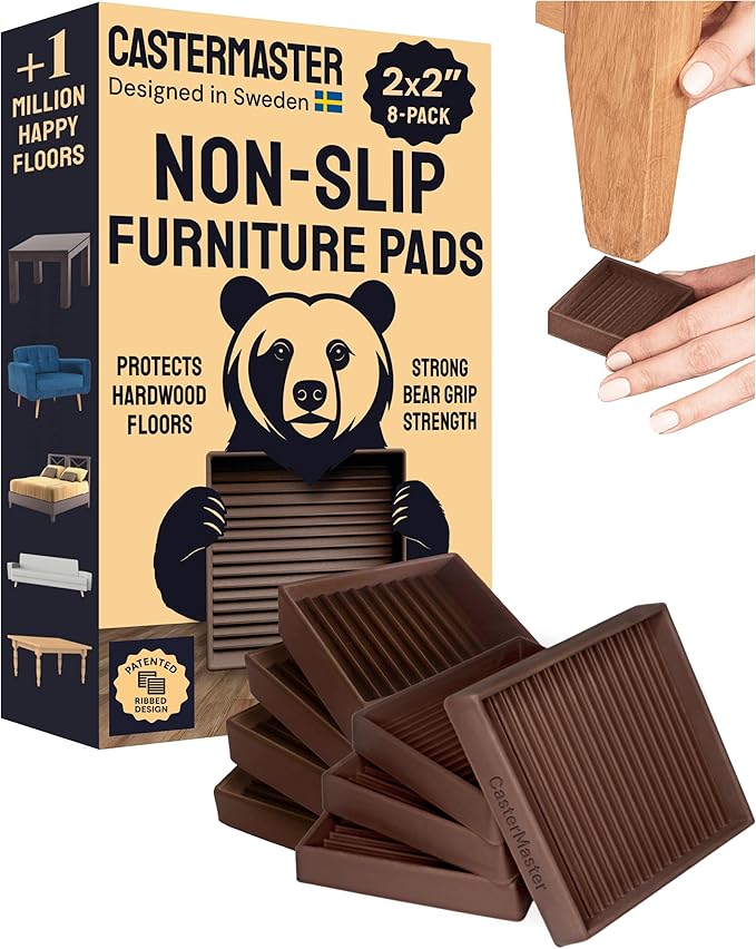 CasterMaster Square Rubber Furniture Pads - 2in x 2in, Pack of 8, Brown - Non-Slip Furniture Sliders for Hardwood Floors - Rubber Feet, Floor Protectors for Chairs & Hardwood Surfaces