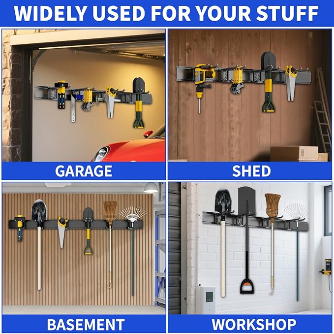 Garage Tool Organizer Wall Mount, 48inch Heavy Duty Garden Tool organizer Storage System, Easy Install With 6 Adjustable Bilayer Hooks, For Garage, Basement, Shed, Workshop(Black)