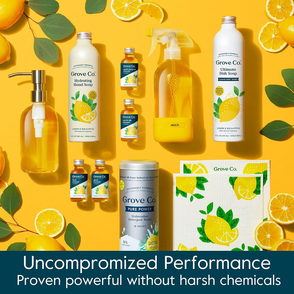 Grove Co. Tub and Tile Cleaner, Refill Concentrate (6 x 1 Fl Oz) Plant-Based Household Cleaning Supplies, No Plastic Waste, 100% Natural Lemon & Eucalyptus Fragrance, 3 x 2 Pack Refills