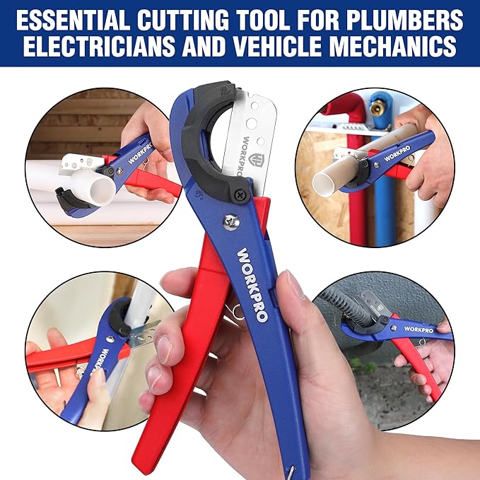 WORKPRO PEX Cutter, Hose Cutter with 1/8"-1-5/8" Cutting Capacity, specific angle(30°, 45°) for cutting rectangular cord cover, Tubing Cutter for PPR, PE, PP, Suitable for Home and Plumbing Repairs