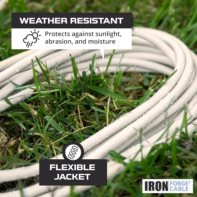Iron Forge Cable Weatherproof 10 Ft Outdoor Extension Cord - 16/3 SJTW Heavy Duty Beige Extension Cord 3 Prong - 13 Amp Exterior Power Cable
