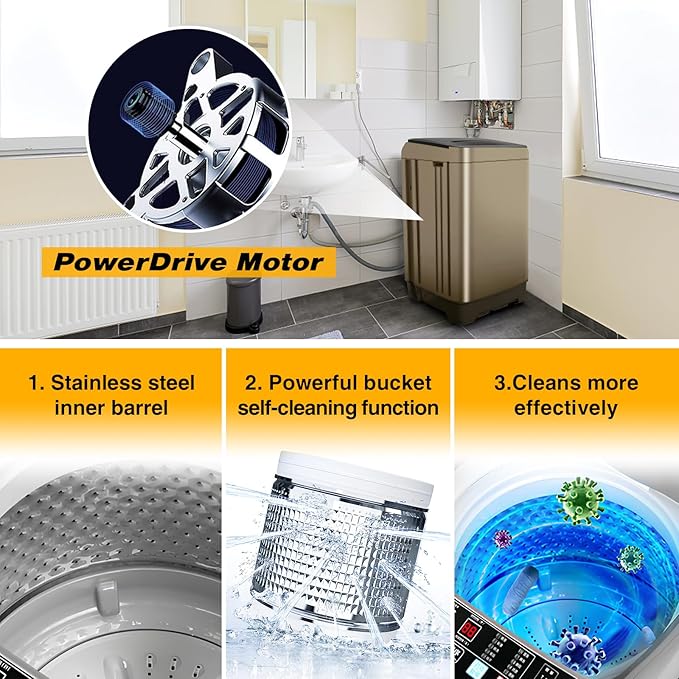 Portable Washing Machine 2.3 Cu. Ft. Full-Automatic Compact Washer Machine for Apartment, 10 Wash Program Small Portable Washer for Dorm, Apartment, RV, Home, Golden