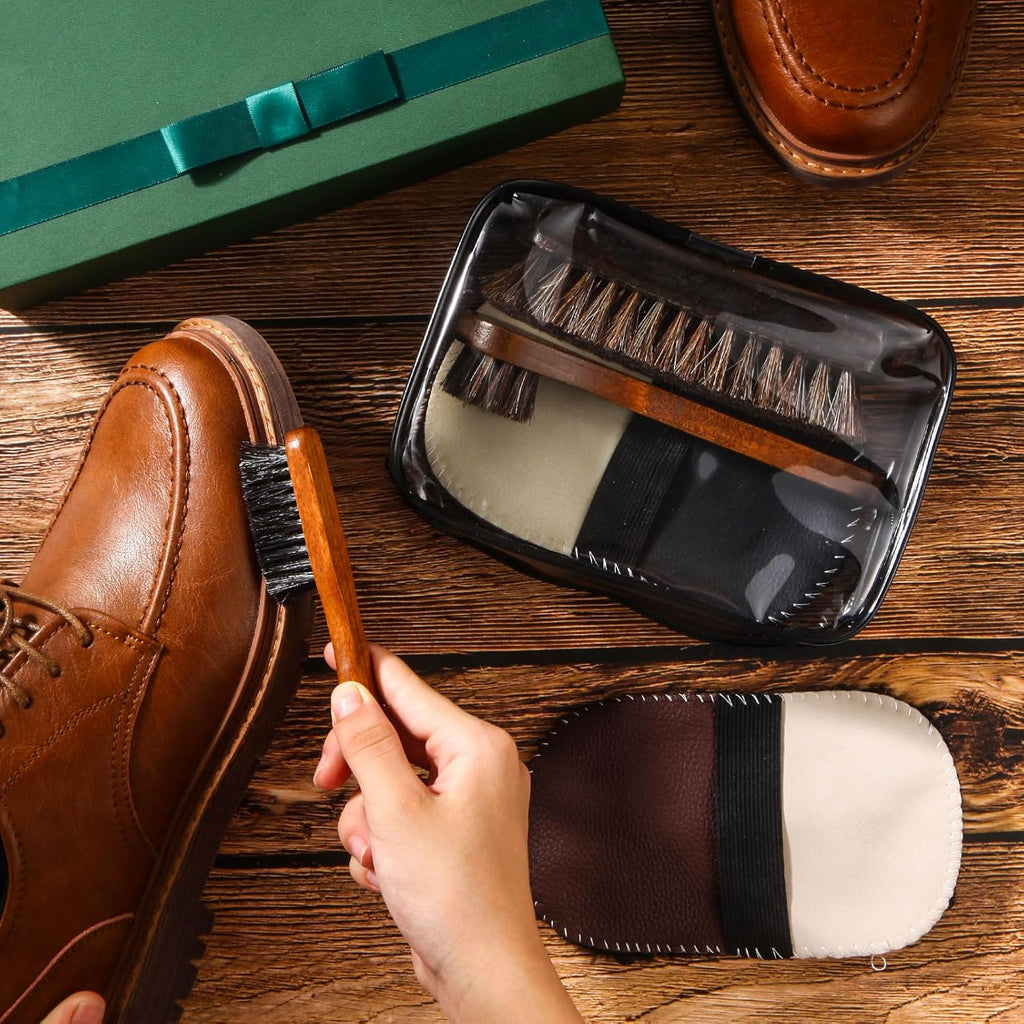 6 Pcs Horsehair Shine Shoes Brush Kit Polish Dauber Applicators Cleaning Leather Shoes Boots Care Brushes Suede Cleaner Brush with Microfiber Shoe Gloves(6 Pcs Style E)