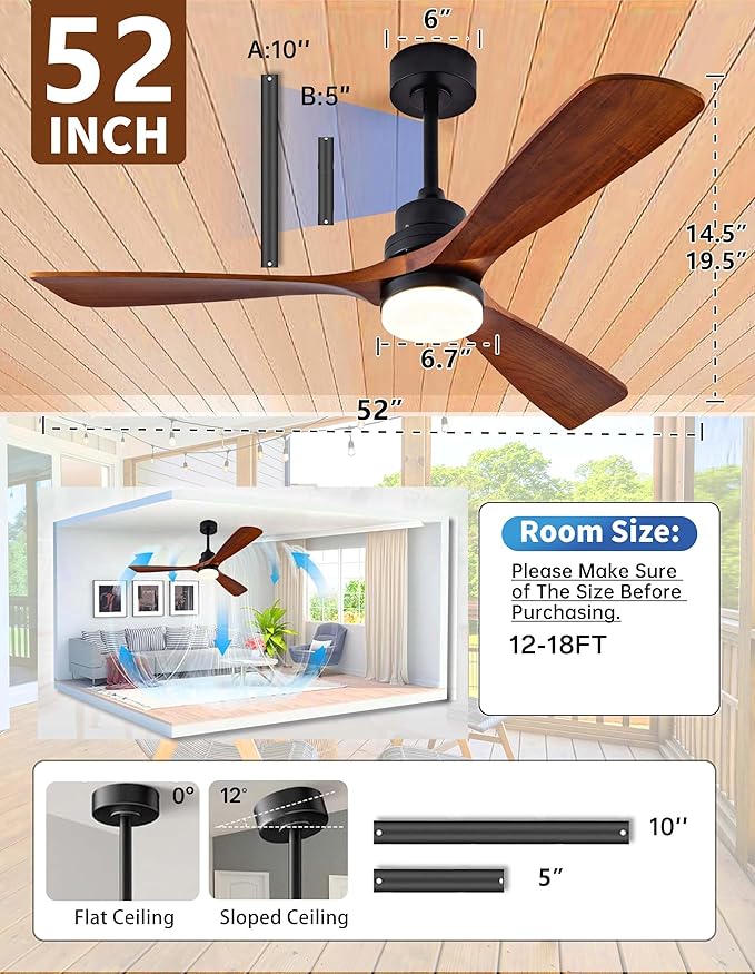 52 Inch Ceiling fans with Lights and Remote,Wood Outdoor Ceiling Fan for Patios with Dimmable LED Light,3 Blades Walnut,Noiseless Reversible DC Motor,Modern Fan for Indoor,Farmhouse