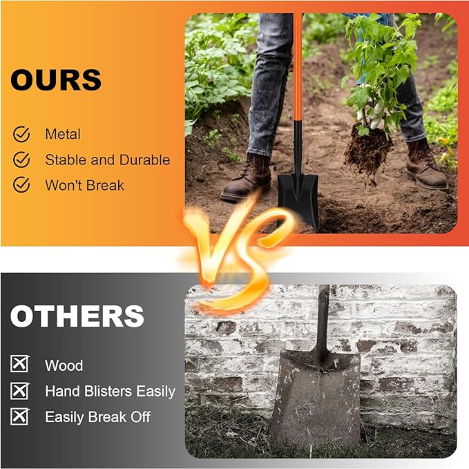 Small Square Shovel 43.3Inches Small Shovel with Metal Handle Garden Tool for Camping Farming Gardening Digging, Orange