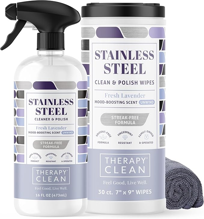 Therapy Stainless Steel Cleaner and and Polish Wipes Bundle with Microfiber Cloth - Remove Fingerprints from Appliances, Sinks, Fridge, Grill, Refrigerator, BBQ, Stove - Stainless Steel Spray and Wipe