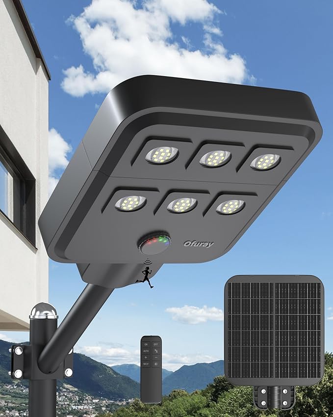 Ofuray Of-5000W Solar Street Lights Outdoor – Super Flood Lighting 60LED, Lights up 2,200 sq.ft with Motion Sensor, 18Ah Power Solar Panel, IP67 Dusk to Dawn Security Commercial for Yard, Parking Lot