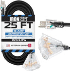 Iron Forge Cable 10 Gauge 25ft Lighted Outdoor Heavy Duty Extension Cord with 3 Outlets - 15 Amp 10/3 SJTW Black Extension Cord with Multiple Outlets