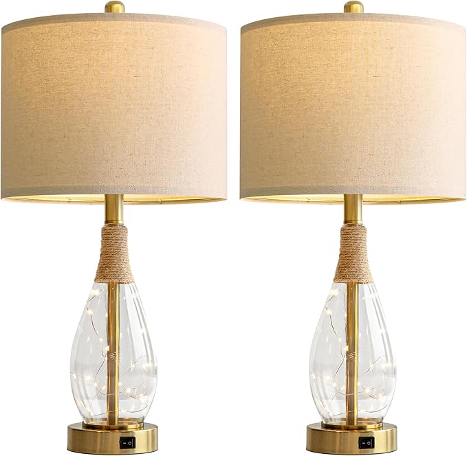 OYEARS 23" Table Lamps for Living Room Set of 2 Bedside Lamps for Night Stands Bedroom Lamps Farmhouse Rattan Boho Lamp Glass Nightlight End Table Lamp with USB C+A (Gold),Two Light Points
