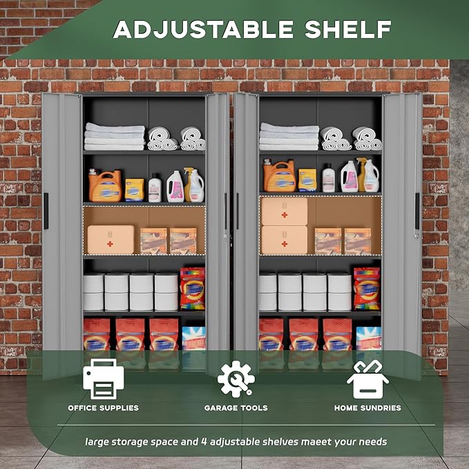 Greenvelly Metal Garage Storage Cabinet, 72" Black Gray Tool Steel Locking Cabinet with Doors and 4 Shelves, Tall Cabinets for Garage Storage Systems Lockable File Cabinet for Home Office,Garage