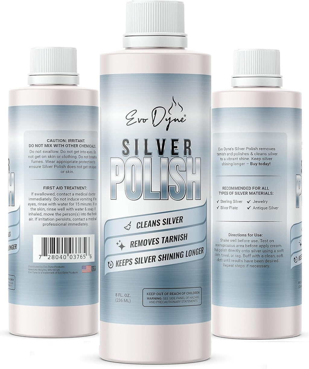 Silver Polish, Silver Cleaner (8-oz Bottle), Made in the USA | Silver Jewelry Cleaner – Gently Removes & Prevents Tarnish | Safe to Use on All Silvers by Evo Dyne (Silver Polish)