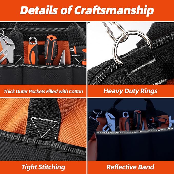Tool Bag 14'', Thick Outer Pocket Tool Organizer Waterproof, Heavy Duty Tote with Shoulder Strap for Tool Storage, Black & Orange
