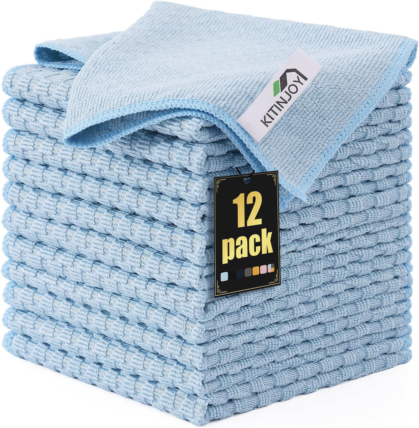 Kitinjoy Microfiber Cleaning Cloth, 12 Pack Soft and No Lint Microfiber Towels Cleaning Supplies, Absorbent Fast Drying Cleaning Rags for Housekeeping, Kitchen, Window, 12 x12 Inches, Light Blue
