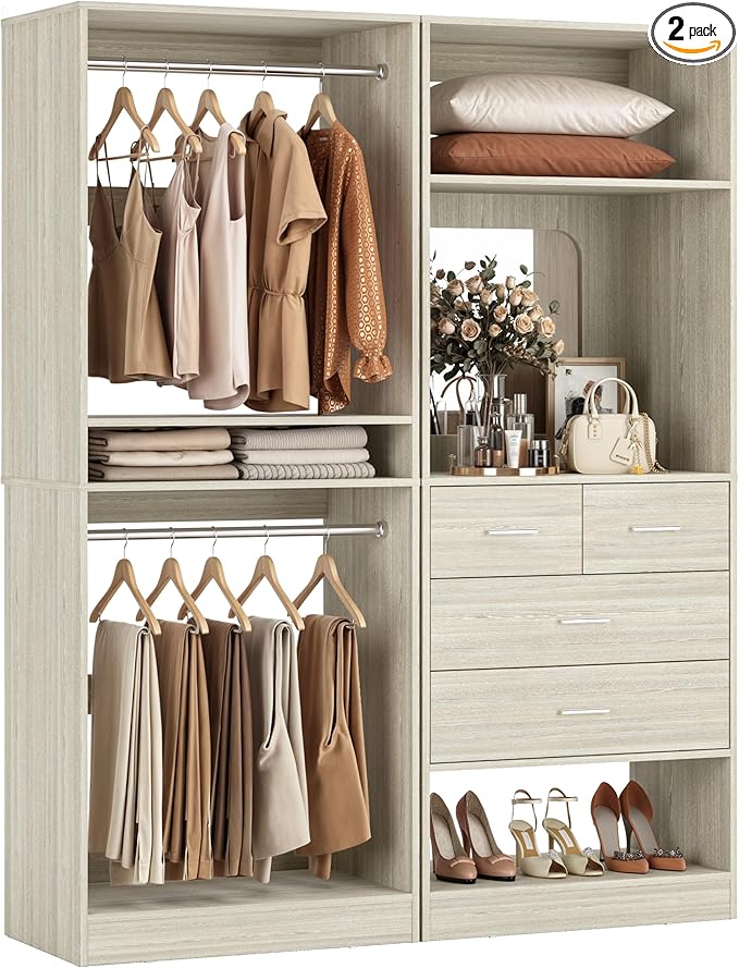 Unikito 50” Closet System with 4 Drawers, 4.2FT Wood Closet Organizer with Hanging Rod and Mirror, Reversible Small Walk in Closets Wardrobe, Adjustable Sturdy Clothes Garment Rack, White Oak