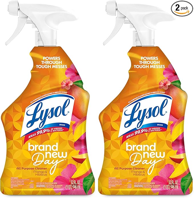 Lysol All-Purpose Cleaner, Sanitizing and Disinfecting Spray, To Clean and Deodorize, Mango & Hibiscus Scent, 32oz (Pack of 2)
