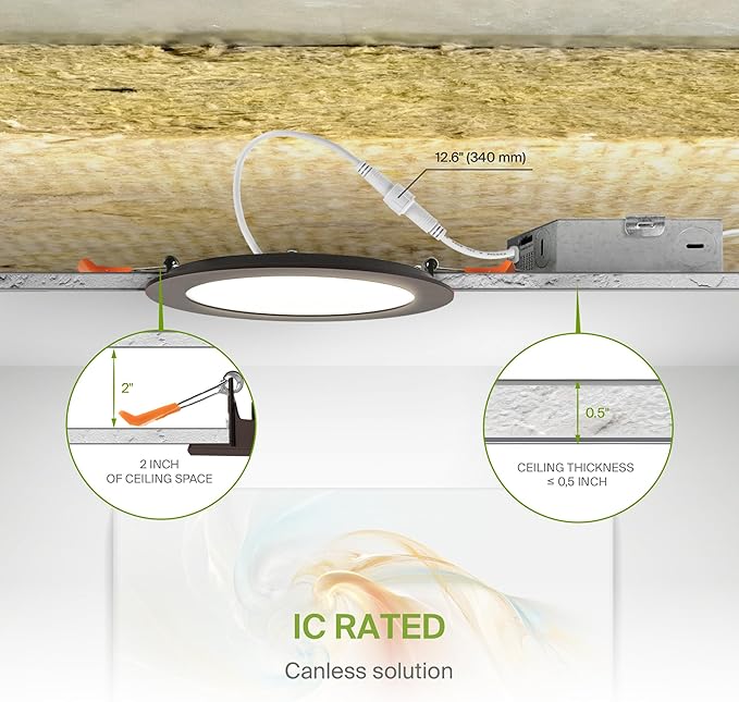 ASD 6 Pack LED Recessed Lighting 6 Inch 12W, 5 CCT 2700K-5000K CRI90+, IC Rated Ultra Thin Dimmable Ceiling Lights with J Box, Canless Wafer Downlight, Round Slim Panel Light, Energy Star ETL, Bronze