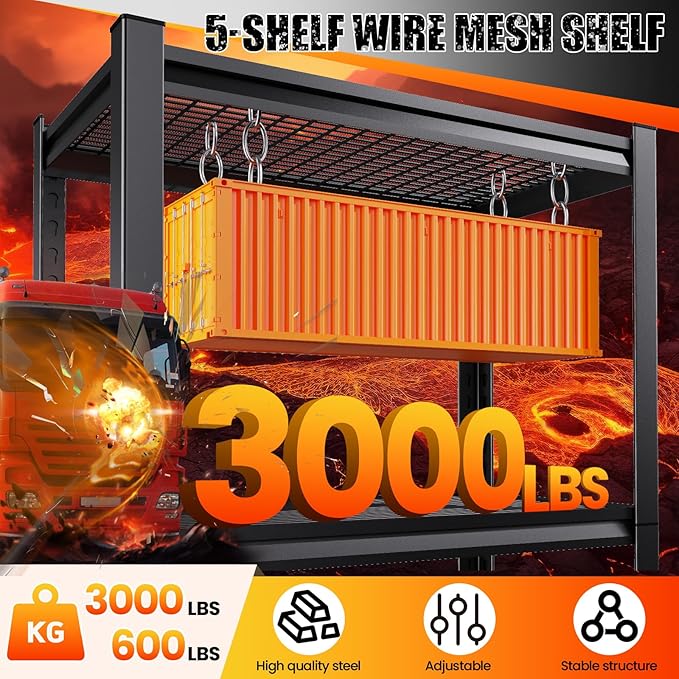 Large Garage Shelving, 5-Tier Garage Storage Shelves 3000LBS Heavy Duty Shelving Unit, Adjustable Steel Metal Shelving, Wire Shelves for Garag, Utility Rack Shelf for Basement, 81 ”H×46”W×19.7”D