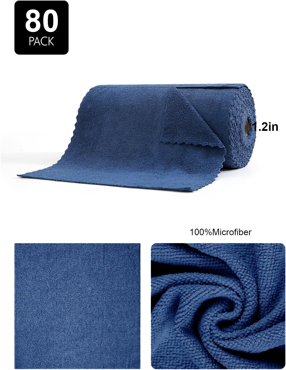 80 Pack Microfiber Cleaning Cloth Roll,Lint Free Rags & Tear Away Reusable Towels Washable Scratch,Ultra Absorbent Dish Rags(12" x 12") for Car Kitchen Home Garage-Navy Blue