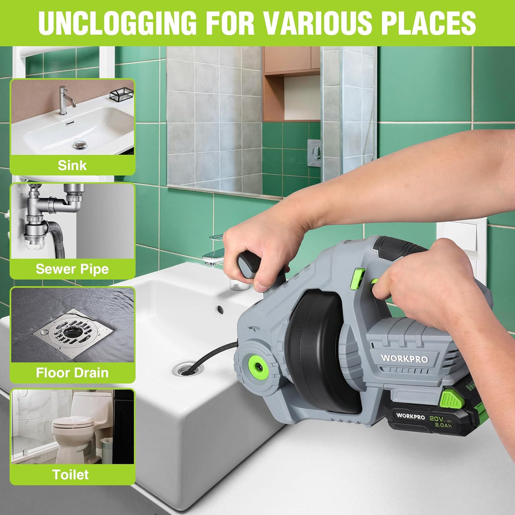 WORKPRO 20V Electric Drain Auger, 25Ft Plumbing Snake Drain Hair Removal Tool Set with 2.0AH Battery and Charger, Toilet Snake for Sewer, Bathroom, Sink, Drain Snake 3/4"-2" Pipe