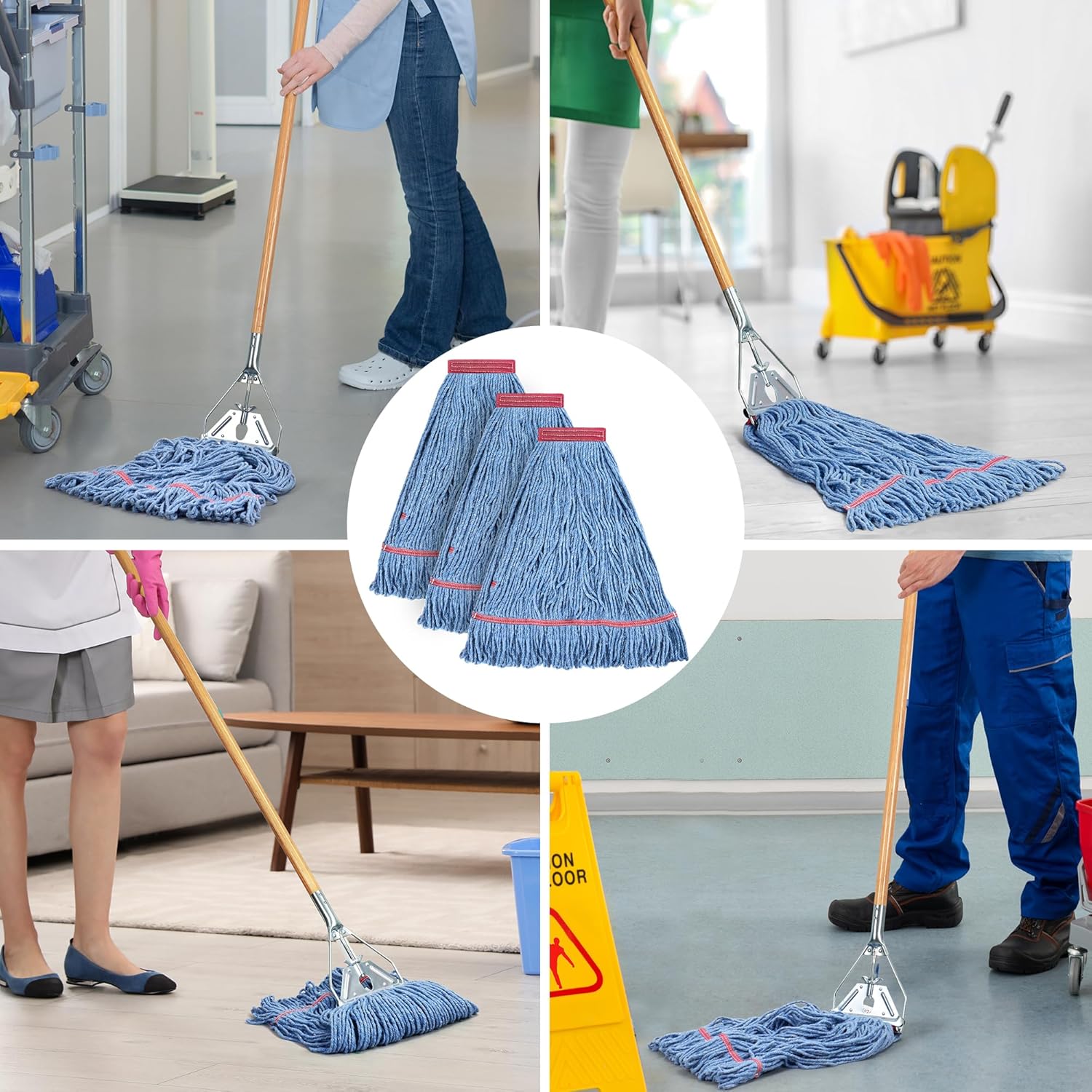 Matthew Cleaning 24oz Heavy Duty Mop Head Commercial Replacement for General and Floor Cleaning, Wet Industrial Blue Cotton Looped End String Head Refill (Pack of 3) Blue