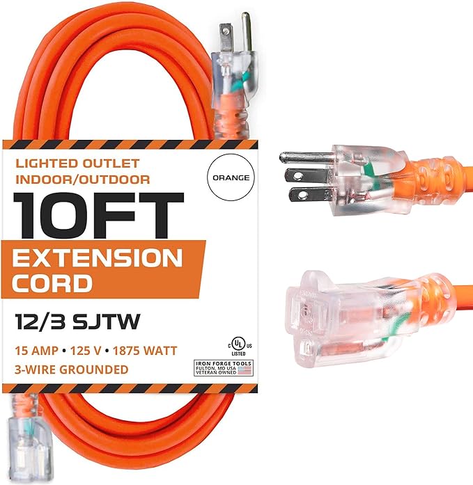 Iron Forge Cable 12 Gauge Extension Cord 10 ft, 12/3 SJTW 10 Foot Heavy Duty Extension Cord Outdoor 3 Prong, Weatherproof Orange Power Cable 15 Amp, Great for Major Appliances
