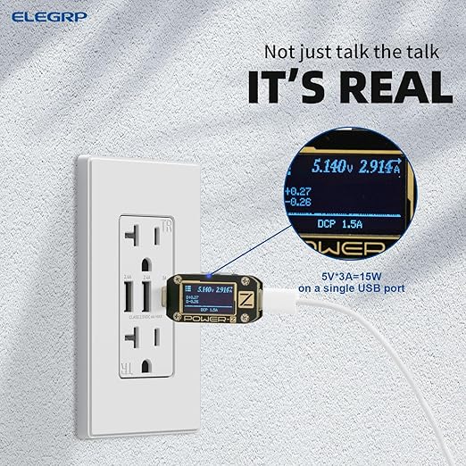 ELEGRP USB Outlets Receptacles, 3-Port Wall Outlet, 30W 6.0A Electrical Outlet, 15 Amp Tamper-Resistant Outlet with Type C Ports, UL Listed, Wall Plate Included, 2 Pack, Matte White