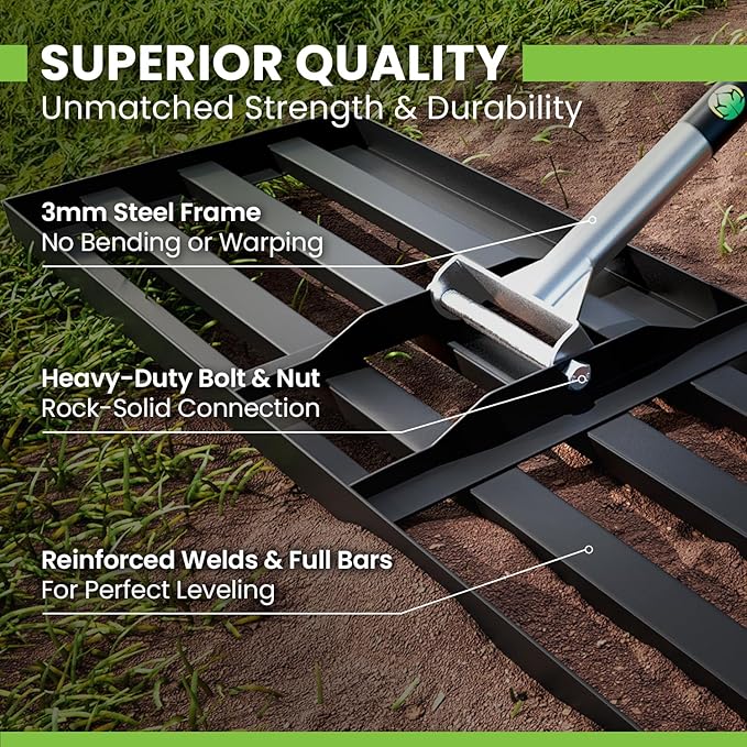 Gardease Lawn Leveling Rake 30" x 10" - Heavy Duty Professional Grade Reinforced Steel Landscape Tool for Soil, Sand & Garden - Superior Strength and Durability