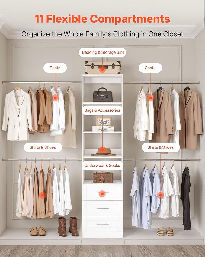 VEVOR Closet System with 3 Drawers, Adjustable Height Wooden Closet Organizers, Modern Walk-in Wardrobe Organization with 4 Retractable Clothes Hanger Rods, Freestanding Garment Rack Storage, White