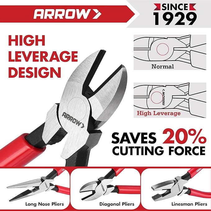 ARROW 8PCS Pliers & Wrench Set, 6" Needle Nose Pliers, 6" Diagonal, 7" Linesman, 8" Slip Joint, 8" & 10" & 12" Groove Joint and CRV 8" Adjustable Wrench, Portable Rolling Bag With Handle