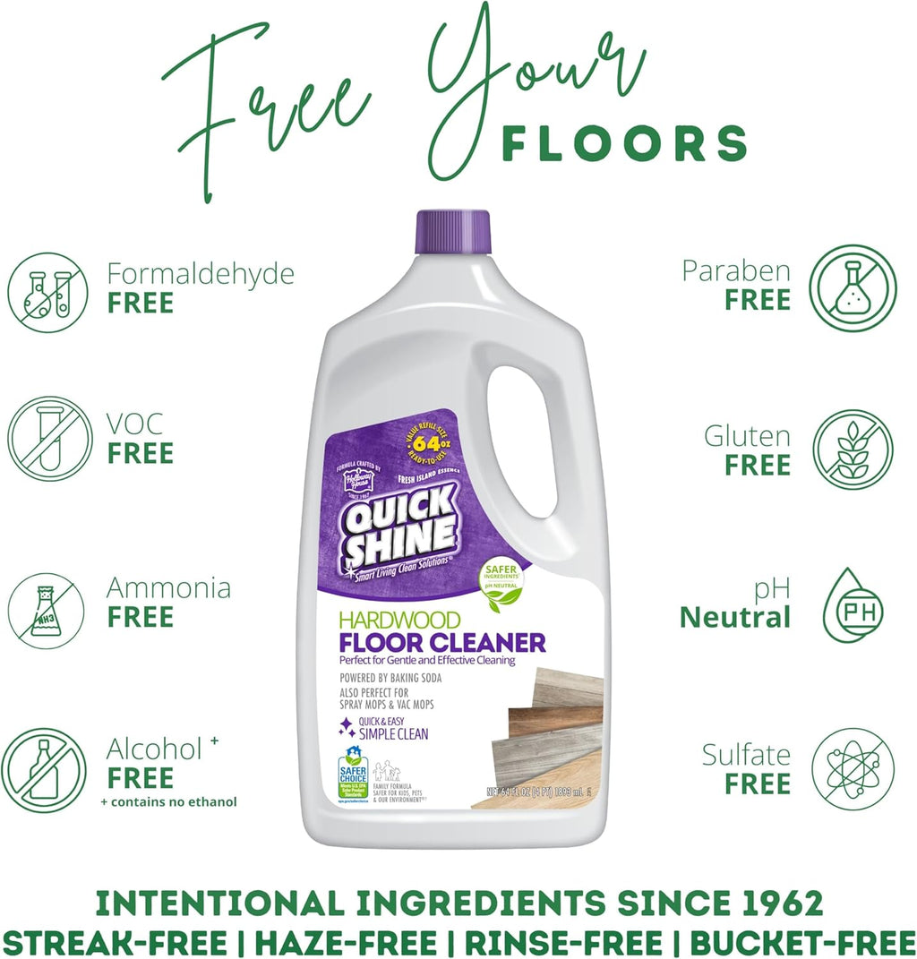 Quick Shine Hardwood Floor Cleaner 64oz | Use in Spray & Vac Mops | Removes Dirt & Scuff Marks | Ready-to-Use, Streak Free, No Rinse | Safer Choice Cleaner |Perfect for Gentle and Effective Cleaning