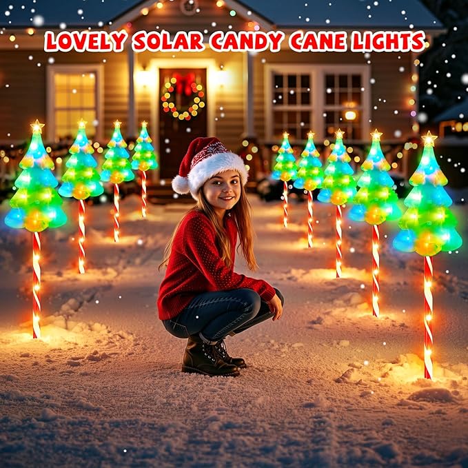 25" Larger Outdoor Christmas Decorations, 12 Pack Colorful Solar Candy Cane Christmas Tree Lights with 10 Lighting Modes and Bright 204 LED, Waterproof Solar Christmas Tree for Pathway Yard