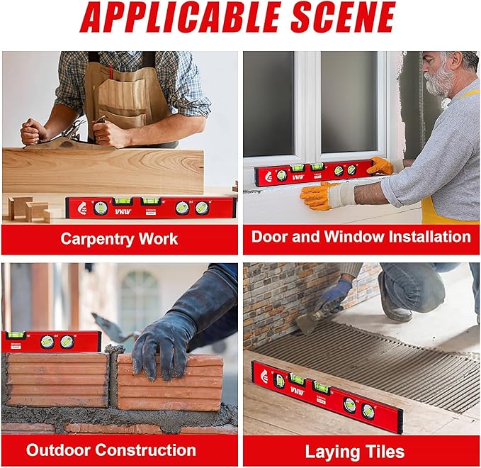 VNW 16-Inch Torpedo Level - 5 High-visibility Bubbles 2°/22.5°/45°/90°/180°,Level Tool with Rubber Endcaps and Aluminium Body, Flat View Viewing Window for Home Outdoor Measurements