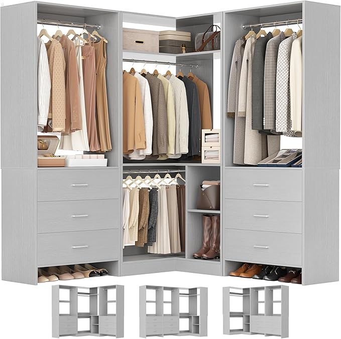 Aheaplus Closet System with 6 Drawers, 4 Hanging Rods & Corner Tower, Corner Closet System with Hanging,80.9" L-Shaped Walk-In Wardrobe Organizer, 2000+ lbs Capacity, Set of 3, Grey