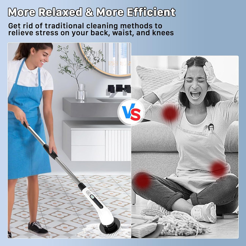 Electric Spin Scrubber, Cordless Cleaning Brush, Shower Scrubber with 7 Replaceable Brush, 2 Speeds and Adjustable Extension Handle for Bathroom Shower Bathtub Glass Car(White)