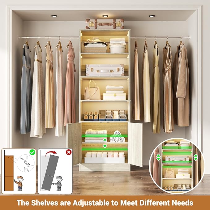 8FT Closet System, 96 Inch Closet Organizer System with Hanging Rods, Heavy Duty Clothing Rack with Cabinet, Walk In Mounted Closet System, Built-In Clothes Garment Rack, Oak