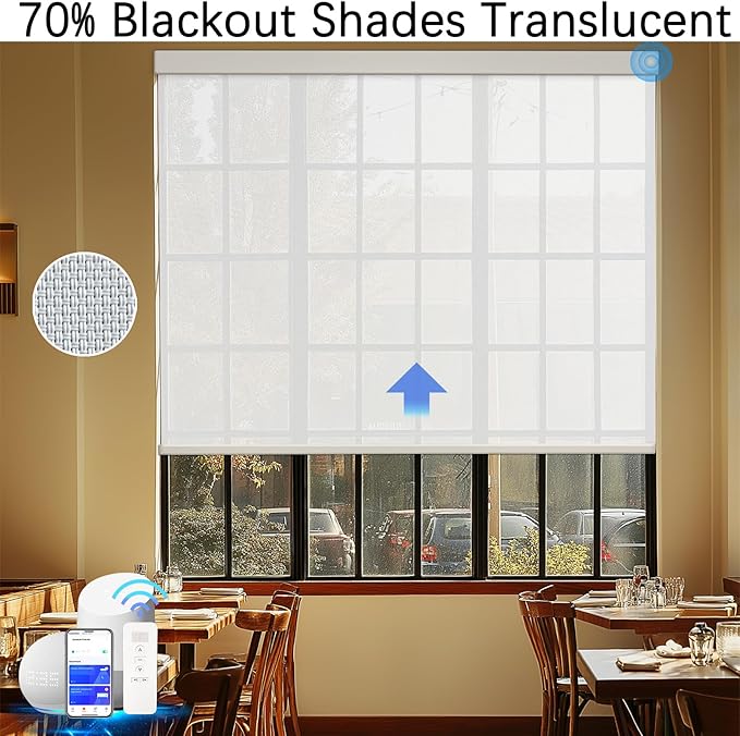 Motorized Blinds with Remote Cordless Automatic Motorized Shades Custom Blinds for Windows Smart Curtains Compatible with Alexa Google Home(Solar White,W52 x H72in)