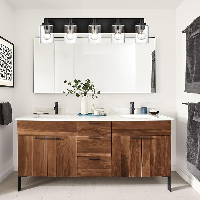 5 Light Bathroom Vanity Lights, Bathroom Lighting Fixtures over Mirror with Clear Glass Shades, Black Vanity Light For Bathoom, Modern Wall Sconces Vanity Lighting Fixture for Bathroom Hallway