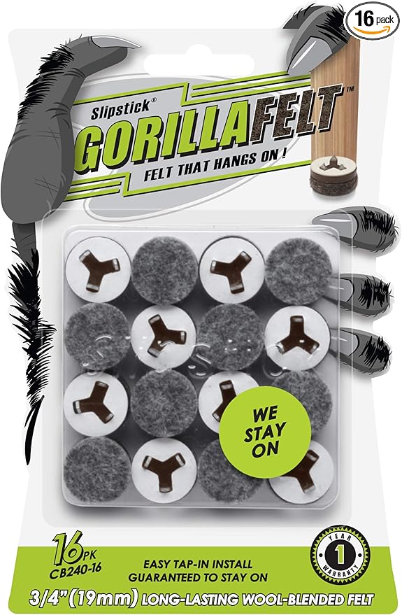 Slipstick GorillaFelt 3/4 Inch Chair Leg Floor Protectors/Felt Glides (Set of 16) Tap On Felt Furniture Pads Guaranteed to Stay On, Round Sliders, CB240-16