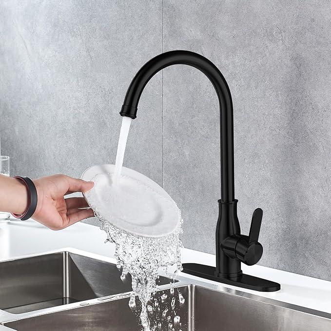 Single Handle Kitchen Faucet Stainless Steel Matte Black, Modern High Arc Kitchen Sink Faucet, Commercial Bar Sink Faucet One Hole with Deck