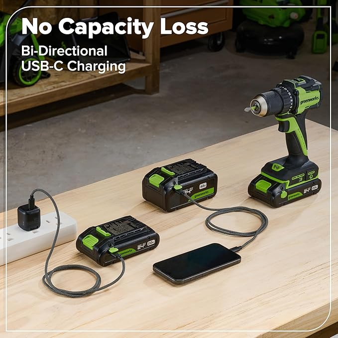 Greenworks 24V Cordless Brushless 400 in-lbs Drill/Driver, Lightweight, LED Work Light,18+1 Clutch, 2.0Ah USB-C Battery (12,000mAh Power Bank),30W USB-C Charger and USB C to USB C Cable(3.3FT)