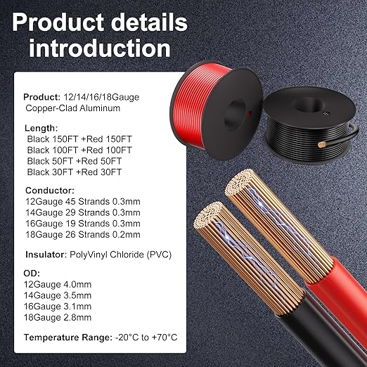 14 Gauge Electrical Wire 2 Pack Total 100ft-Black 50 ft and Red 50 ft Soft Flexible Copper-Clad Aluminum(CCA) 14 AWG PVC Wire for Lamp, Household Appliances RC Toys, Models, Auto, Electronics