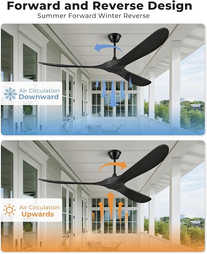 60" Ceiling Fans Without Light, Solid Wood Ceiling Fan with Remote Control and Quiet DC Motor, Ceiling Fan no Light 3 Blades, Outdoor Ceiling Fans for Patios without Lights